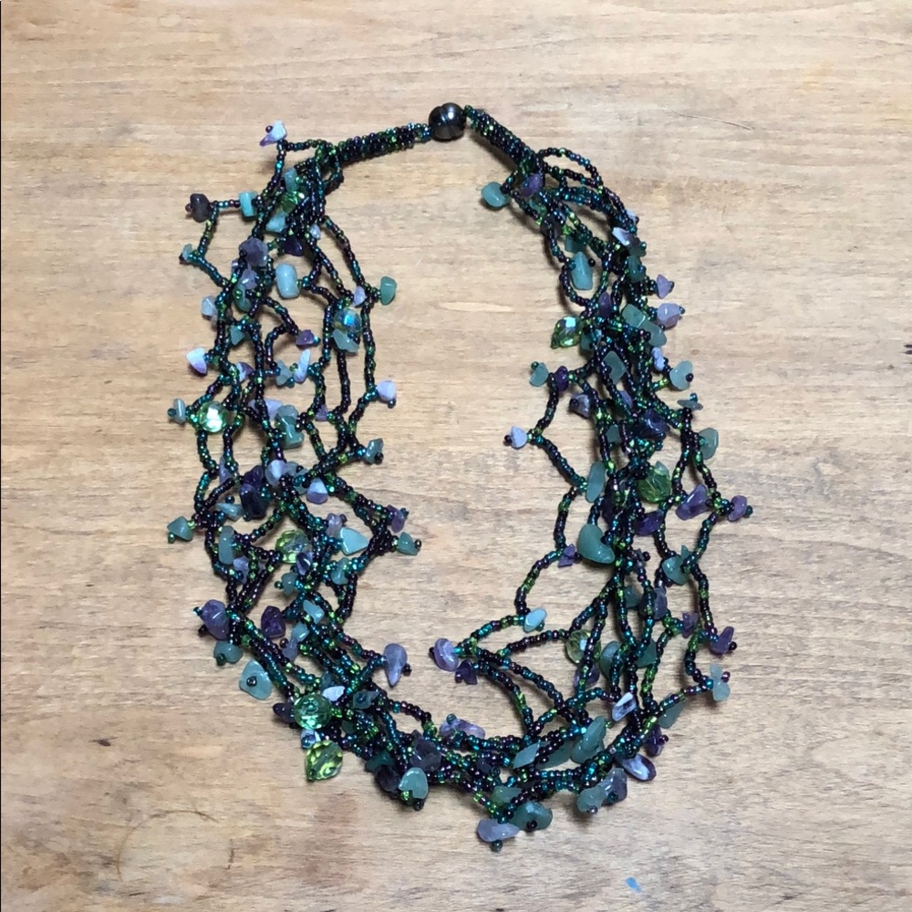 Multi layer glass stone bead necklace seed & stone magnetic clasp